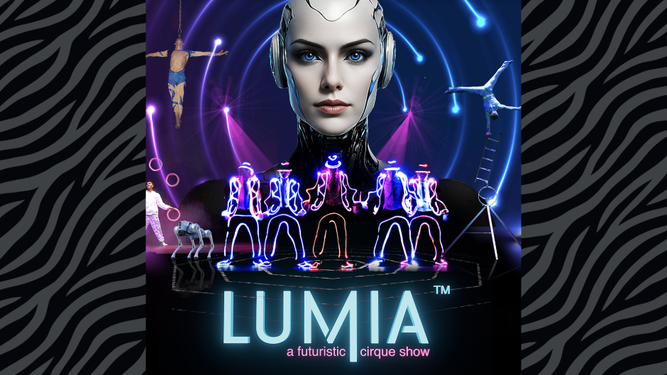  LUMIA a futuristic cirque show with dancers and acrobats on stage.