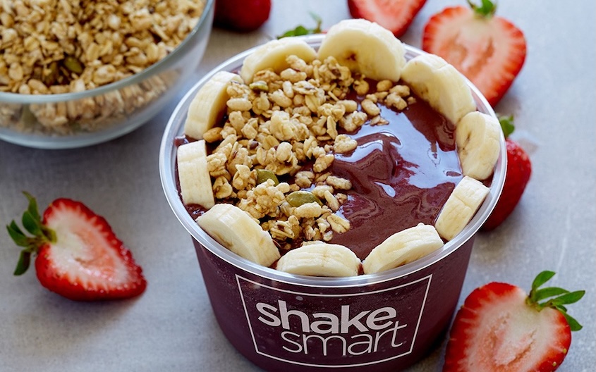  Shake Smart acai bowl with ingredients around it to promote the grand opening of a shake smart location in mizzourec