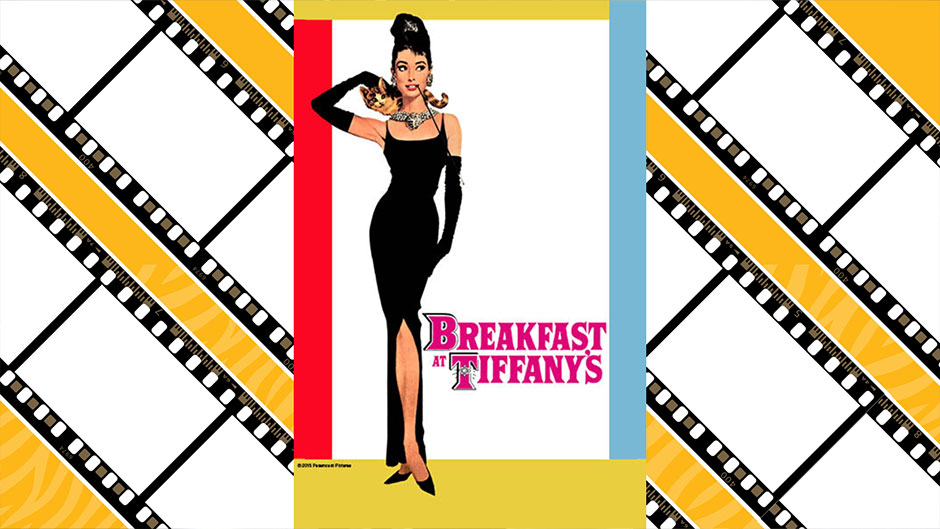  Breakfast at Tiffany's film poster with an illustration of a woman standing win a black dress with a cat sitting on her shoulders.